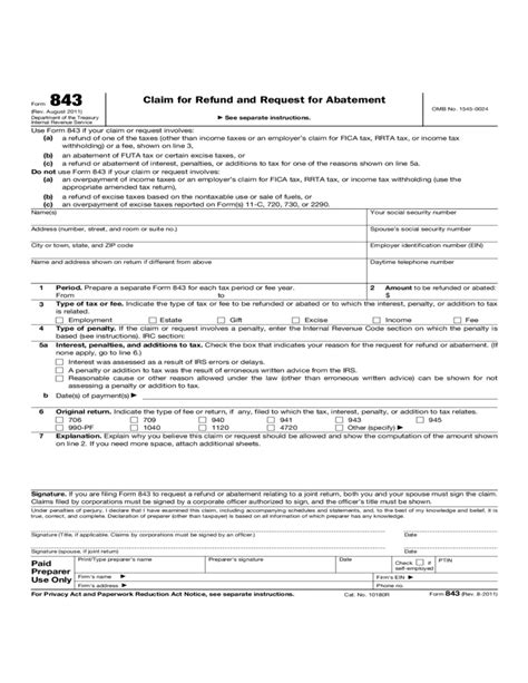 Form 843 Claim For Refund And Request For Abatement 2011 Free Download