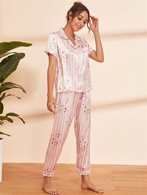 Striped Floral Print Satin Pajama Set Shein Usa Satin Pyjama Set