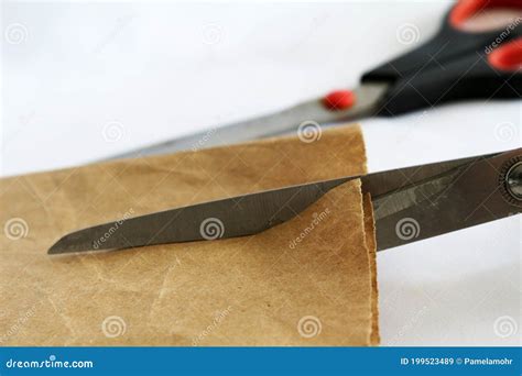Action Of Cutting Craft Paper With Scissors Stock Image Image Of