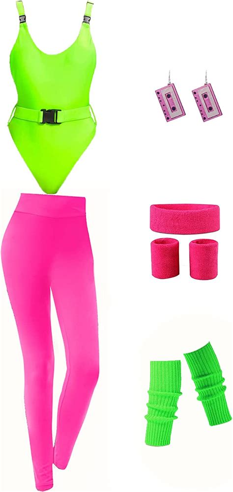 Miaiulia Womens 80s Workout Costume Outfit 80s Accessories Set Leotard Neon Legging