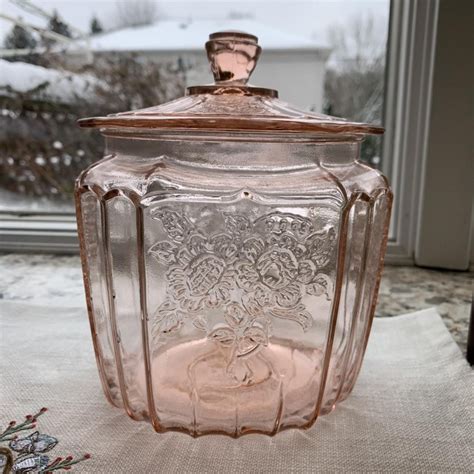 Vintage Open Rose Mayfair Cookie Biscuit Jar And Lid Pink Depression Glass Kitchen Sewing