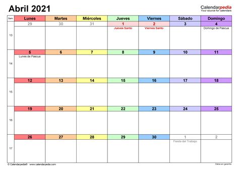 Calendario Abril 2021 En Word Excel Y Pdf Calendarpedia