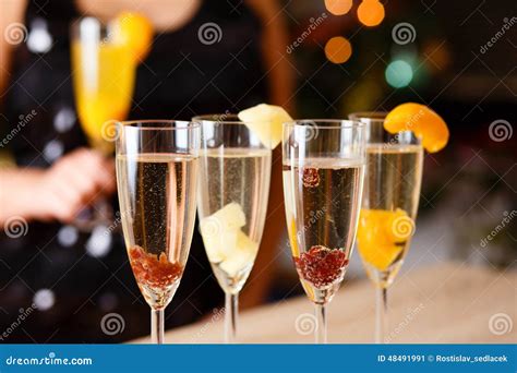 Four Glasses Full Of Champagne Stock Image Image Of Apricot Drink 48491991