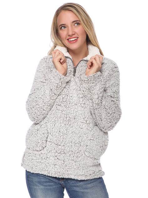 Womens Fuzzy Long Sleeves Quarter Zip Teddy Sherpa Pullover Sweater