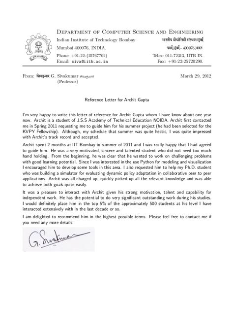 Recommendation letter for colleague professor. recommendation letter - prof. G Sivakumar, H.O.D. cfdvs ...