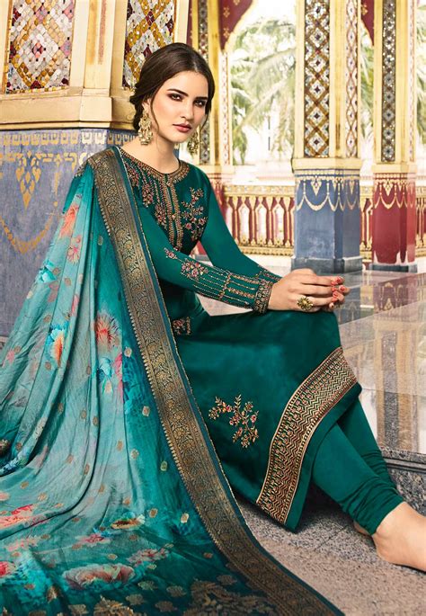 Teal Satin Embroidered Churidar Suit 78235