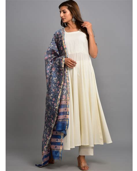 White Anarkali Kurta And Pants With Pure Chanderi Silk Vegetable Dyed