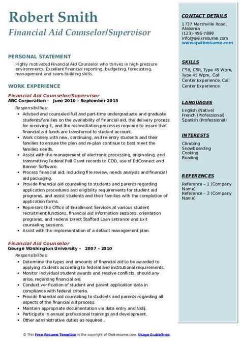 Examples of work performed communicates pertinent information and instructions to. Financial Aid Counselor Resume Samples | QwikResume