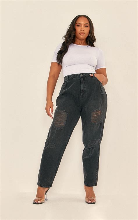 Plt Plus Washed Black Distressed Mom Jeans Prettylittlething Usa