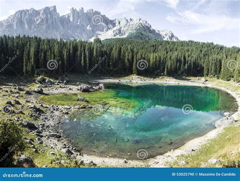 Carezza Lake And Mount Latemar Stock Photo Image Of Pure Green 53025790