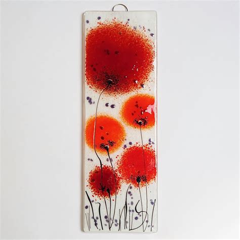 Fused Glass Wall Art Panel With Red Poppy Flowers Fired Creations