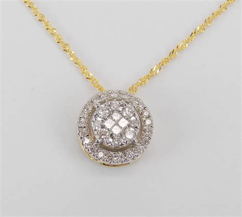 Yellow Gold Carat Diamond Halo Cluster Pendant Wedding Necklace