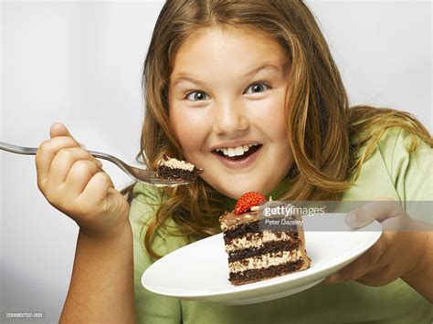 Overweight Girl Eating Chocolate Cake Closeup Portrait High Res Stock