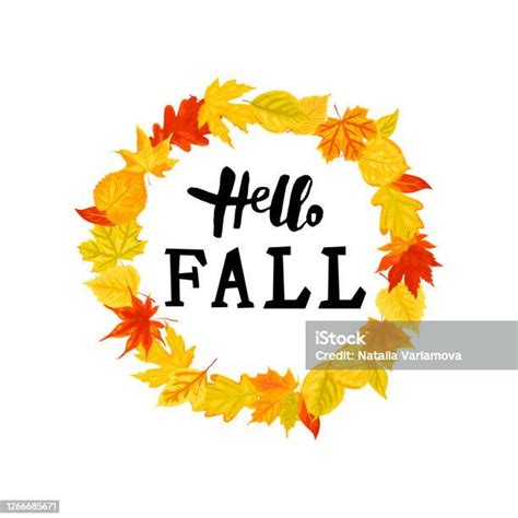 Handwritten Hello Fall With Autumn Leaves Wreath Stock Illustration