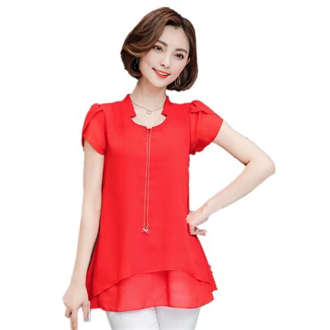 Elegant Necklace Chiffon Blouse Women Tops Short Sleeve Loose2019 Summer Solid Color Ladies