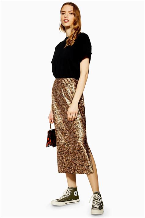 Lyst Topshop Leopard Print Satin Bias Skirt In Brown