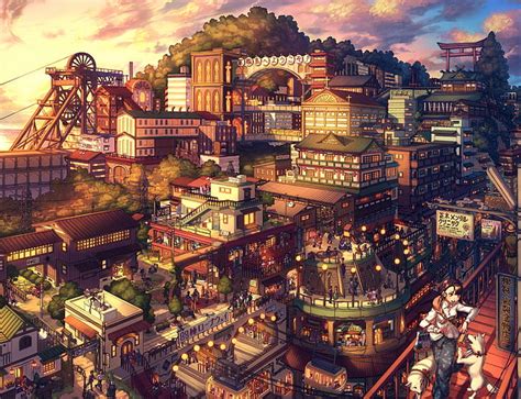 Hd Wallpaper Anime Landscape Cityscape People Japanese Architecture