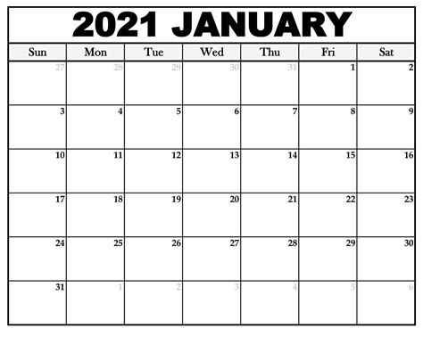 Printable January 2021 Calendar Template Zudocalendrio