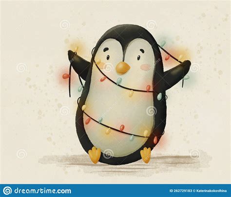 Cute Baby Penguin Sits With A Festive Garland Cartoon Christmas Hand