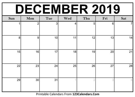 December 2019 Printable Calendar