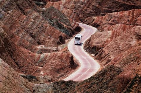 Sightseeing Bus In Colorful Danxia Landform In Zhangye City China