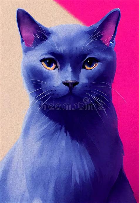 Watercolor Portrait Of Cute Russian Blue Cat Stock Illustration