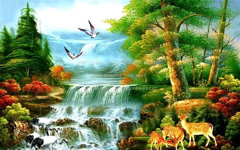 Paradise Waterfalls Painting Forest Deers Auhr