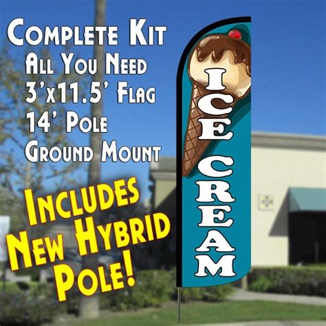 Ice Cream Teal Windless Advertising Flutter Banner Flag Kit Flag Pole Ground Mt