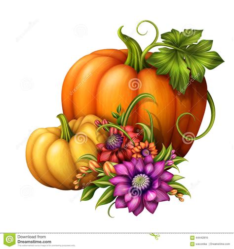 Autumn Pumpkins With Seasonal Flowers Illustration Isolated On