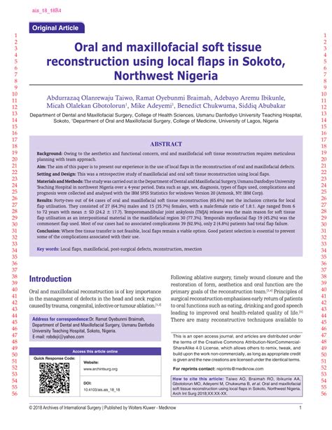 pdf oral and maxillofacial soft tissue reconstruction using local flaps in sokoto northwest