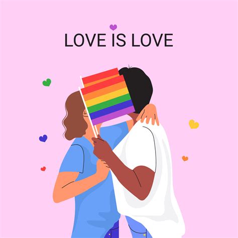 Lesbian Love Couple Hold Flags With Lgbt Rainbow Two Kissing Women Pride Month Celebration