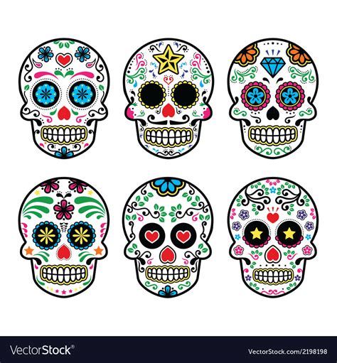 Mexican Sugar Skull Dia De Los Muertos Icons Set Vector Image