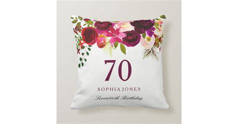 Burgundy Red Floral Boho 70th Birthday T Throw Pillow