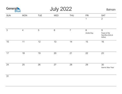 Bahrain July 2022 Calendar With Holidays