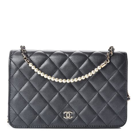 Chanel Iridescent Lambskin Quilted Pearl Wallet On Chain Woc Black 448632