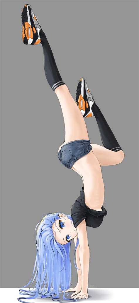 underboob handstand blue hair blue eyes chaesu pointed toes anime anime girls digital