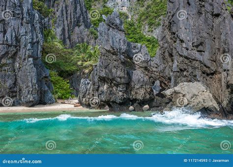 Landscape Of El Nido Sandy Beach With Huge Rock Palawan Island Philippines Stock Image