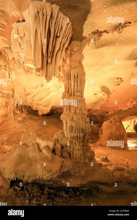 Stalactites And Stalagmites Inside Thien Canh Son Cave Cong Do Island