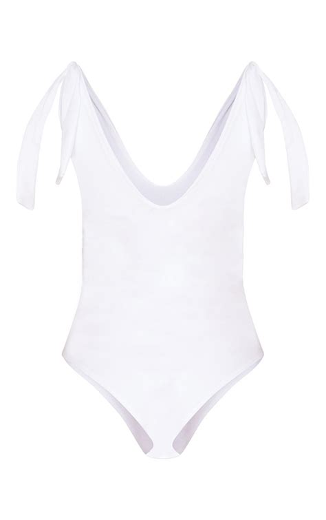 Petite White Tie Shoulder Swimsuit Petite Prettylittlething Usa