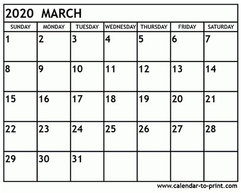 Free Printable Calendar For March 2020 Month Calendar Printable