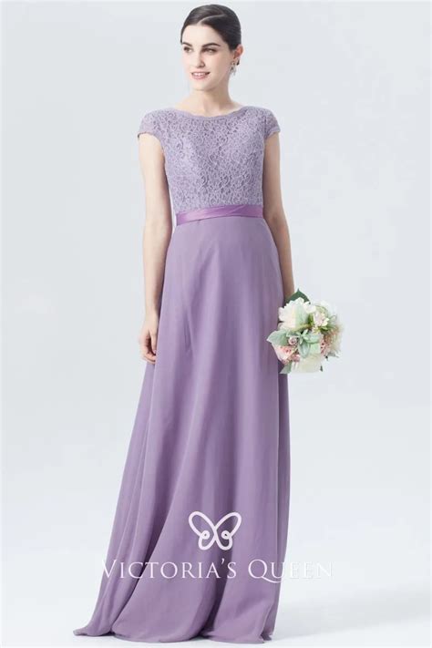 Purple Lace And Chiffon Cap Sleeve Bridesmaid Dress Vq