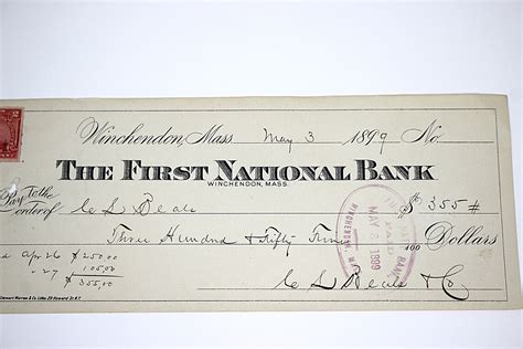Vintage First National Bank Check Of Winchester Mass 1899 Etsy