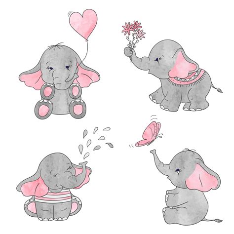 Set Cute Cartoon Baby Elephants Vector Baby Elephant Cartoon Cute My