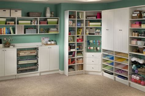 Large long double work tables for wiring projects and area for supplies with direct over head lights. 23 Gorgeous Craft Room Shelving Ideas For More Beautiful ...
