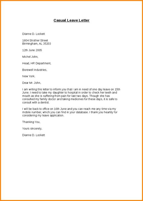 casual leave application form letter sick format