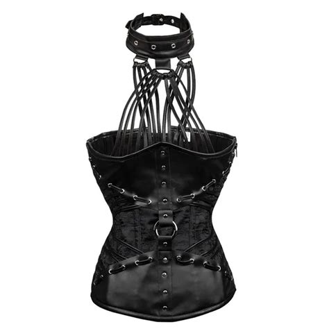 Sexy Women Vintage Black Leather Armor Halter Steampunk Corset Waist Slimming Plus Size Gothic