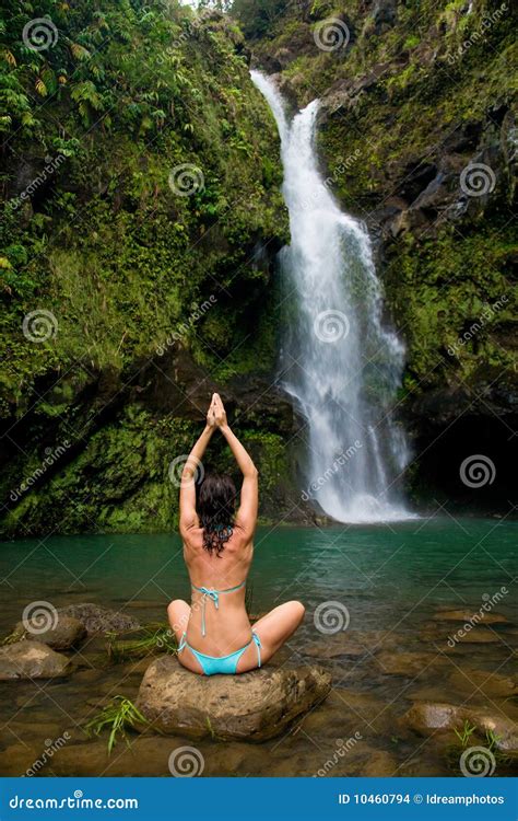 Exotic Waterfall Woman Stock Photo Image Of Background