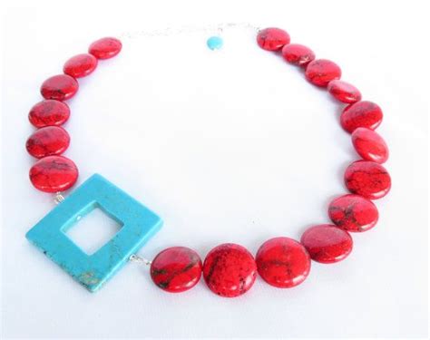 Turquoise Square And Red Necklace Asymmetrical Geometric Necklace By
