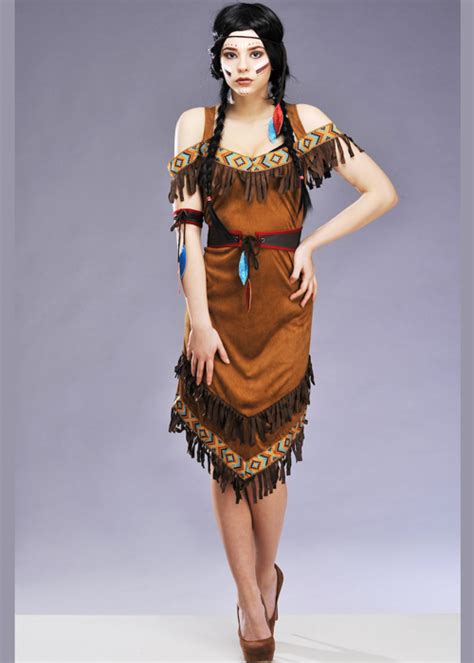 Ladies Red Indian Pocahontas Fancy Dress Costume Western Native Squaw