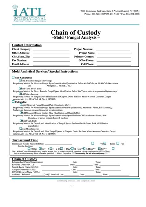 Printable Chain Of Custody Form Template